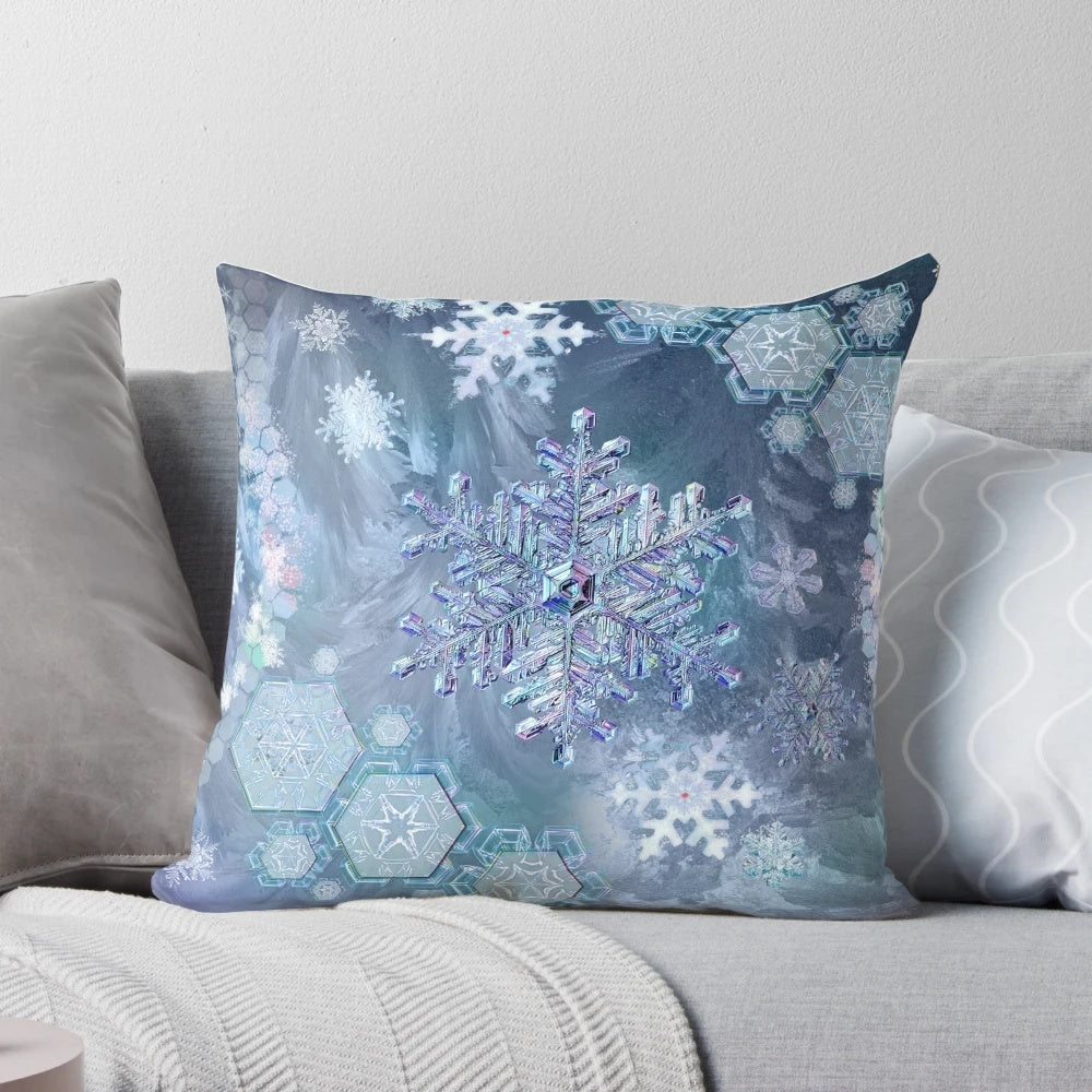 Soft, plush frozen snowflake pillow in icy blue tones, perfect winter home decor