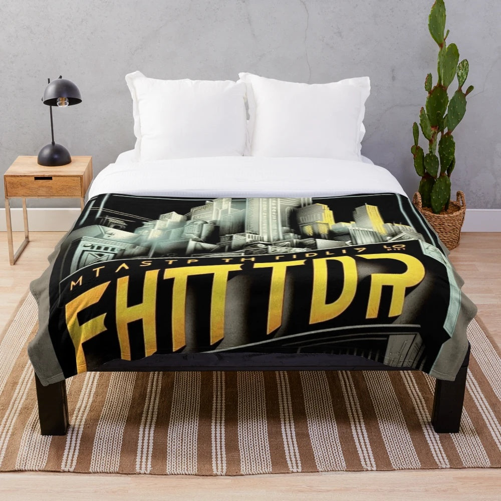 Colorful futuristic cinema-themed plush blanket