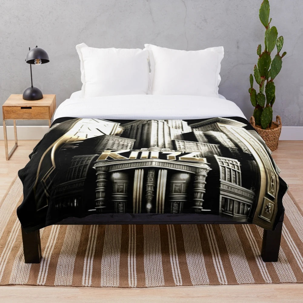 Futuristic city-inspired gray, black, beige, and white plush blanket