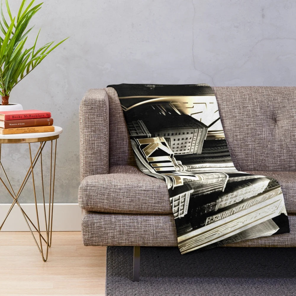 Futuristic city-inspired gray, black, beige, and white plush blanket