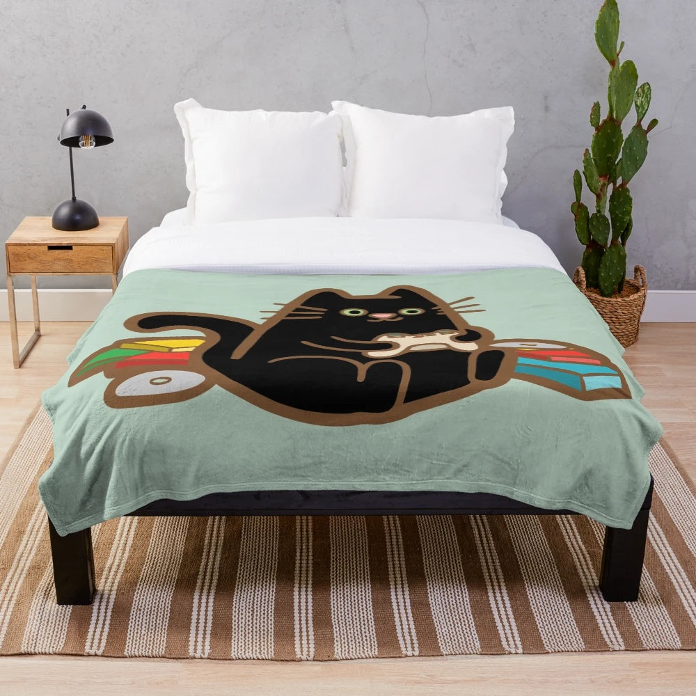 Gamer cat plush blanket with cute cartoon kitten design