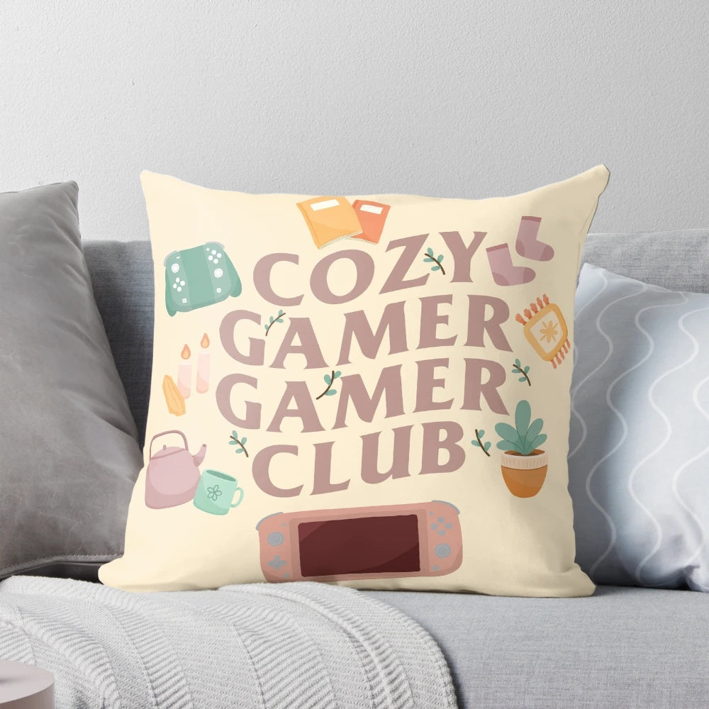 Soft and plush pillow featuring a cozy gamer design, perfect for gaming and relaxation.