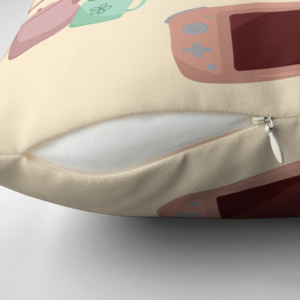 Soft and plush pillow featuring a cozy gamer design, perfect for gaming and relaxation.