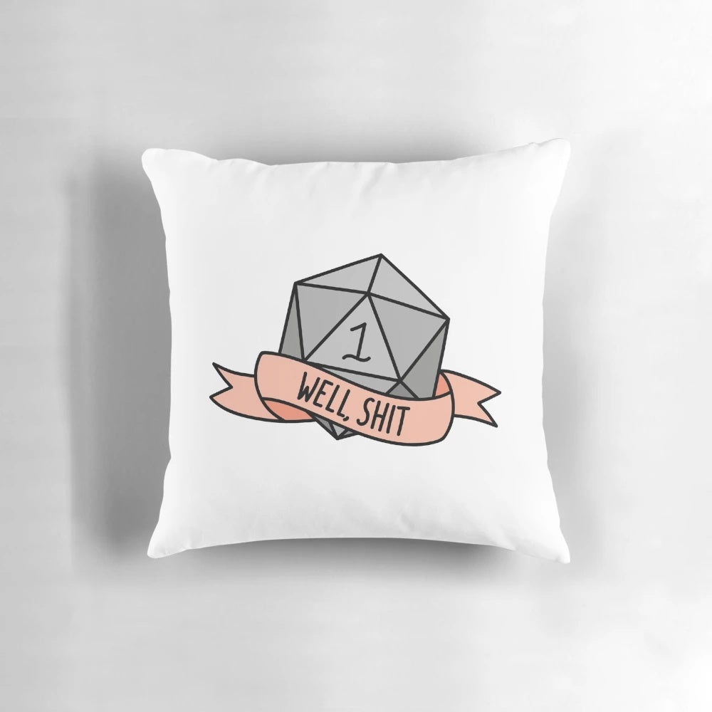 Pastel green pillow featuring a large d20 dice design, perfect for tabletop gaming enthusiasts.