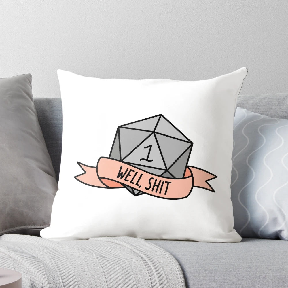 Pastel green pillow featuring a large d20 dice design, perfect for tabletop gaming enthusiasts.