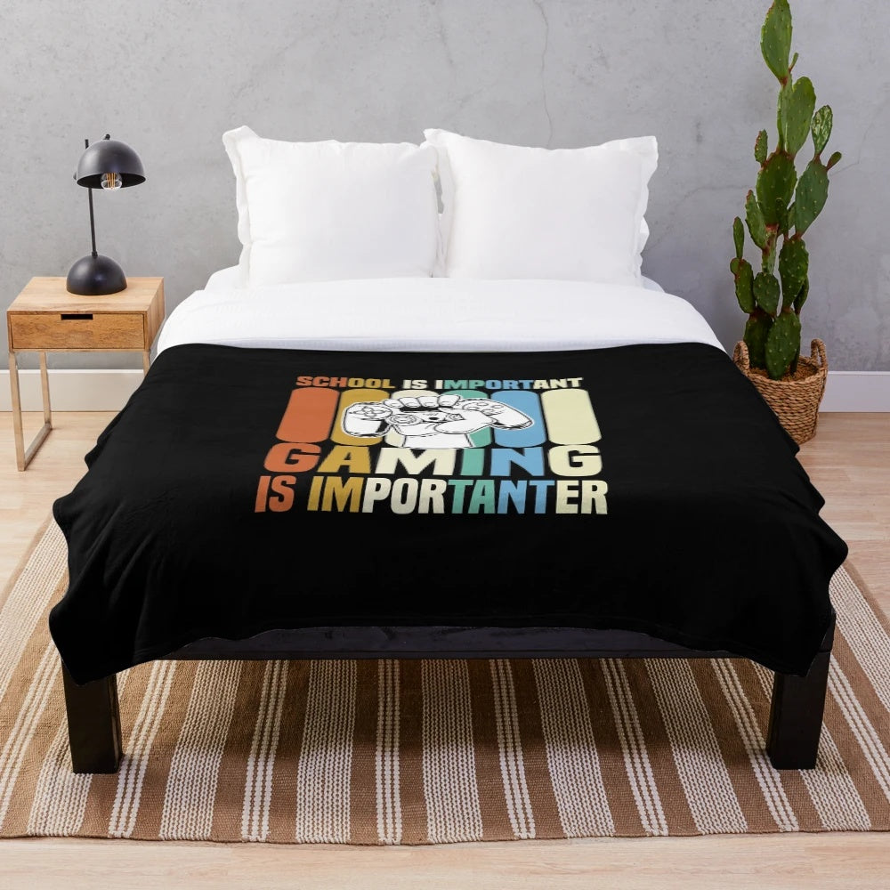 Soft and comfortable gaming blanket with "School Is Important But Gaming Is Importanter" quote