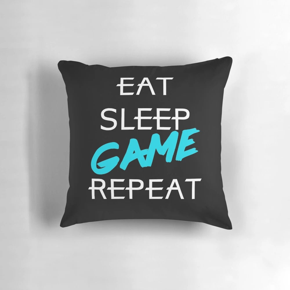 Soft and comfortable pillow with text "Eat, Sleep, Game, Repeat" for gamers and video game enthusiasts.