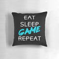 Soft and comfortable pillow with text "Eat, Sleep, Game, Repeat" for gamers and video game enthusiasts.
