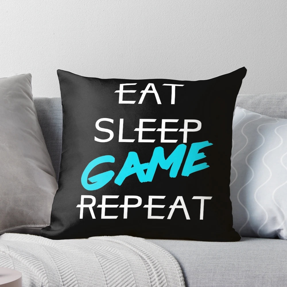 Soft and comfortable pillow with text "Eat, Sleep, Game, Repeat" for gamers and video game enthusiasts.