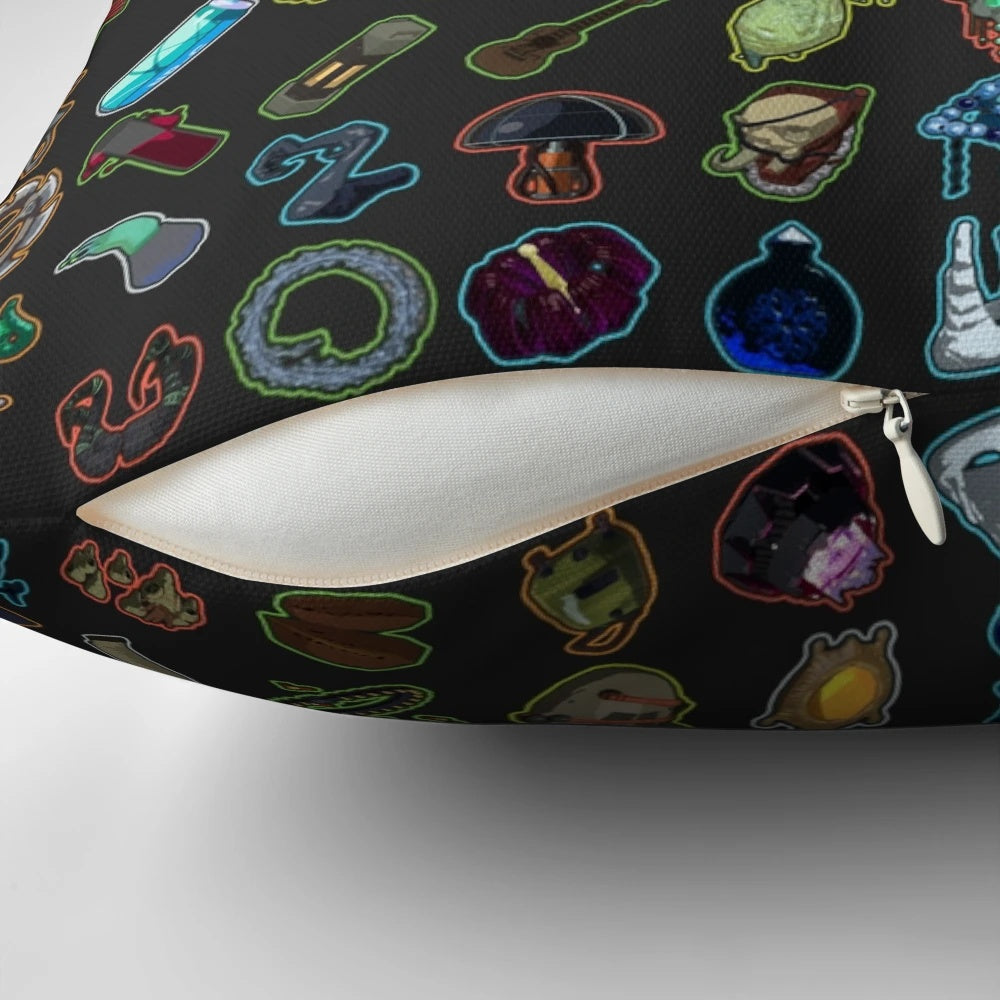 A plush, comfortable pillow featuring the iconic Risk of Rain 2 game items