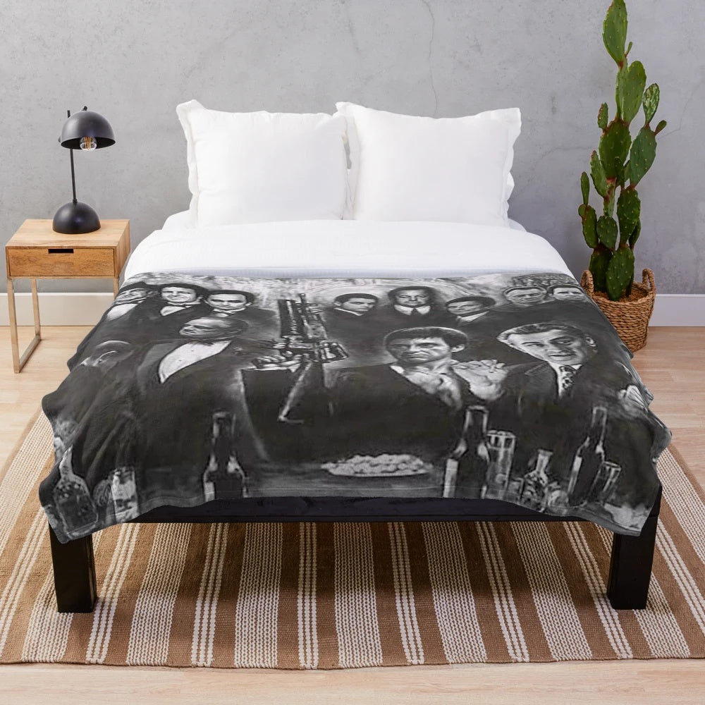 Plush blanket with a gangster-inspired, mafia-style design