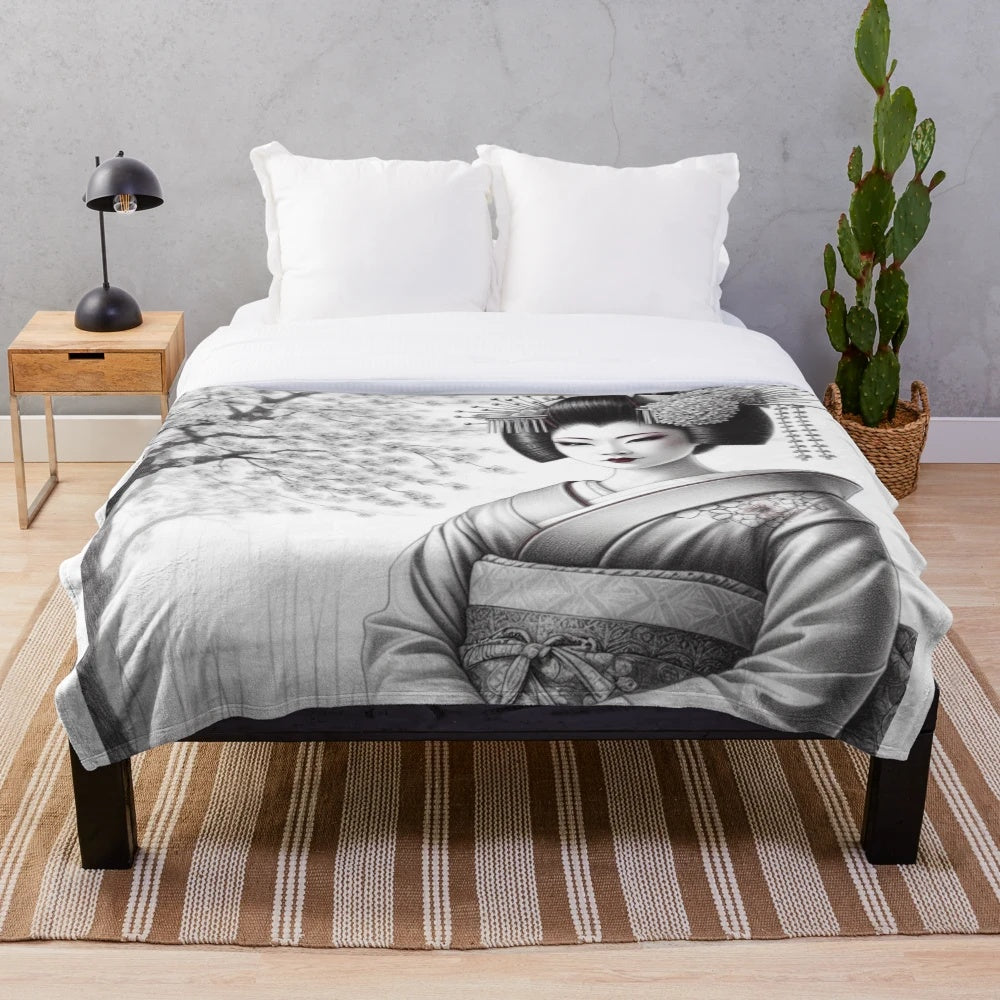 Plush blanket featuring a vintage-style geisha design, representing Japanese culture
