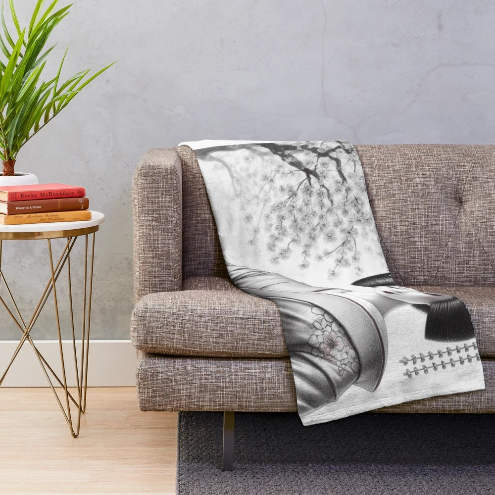 Plush blanket featuring a vintage-style geisha design, representing Japanese culture