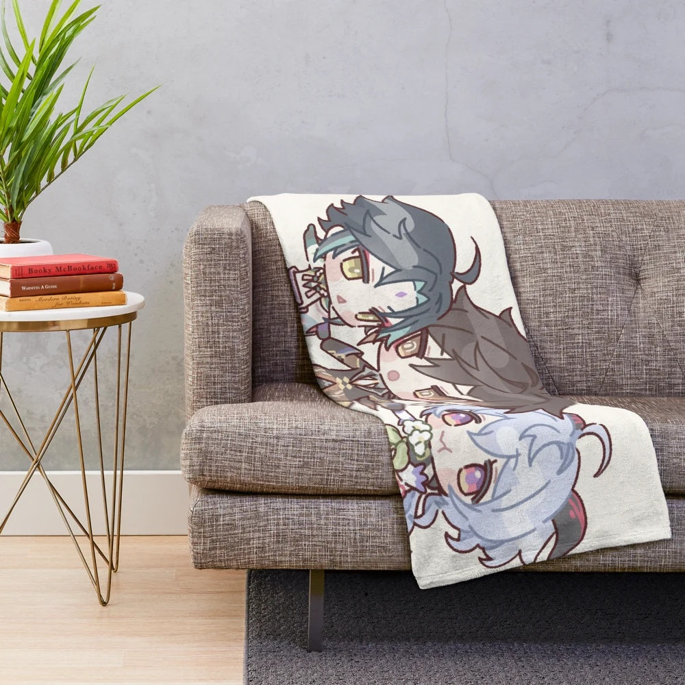Genshin Impact inspired chibi plush blanket featuring Xiao, Zhongli, and Ganyu