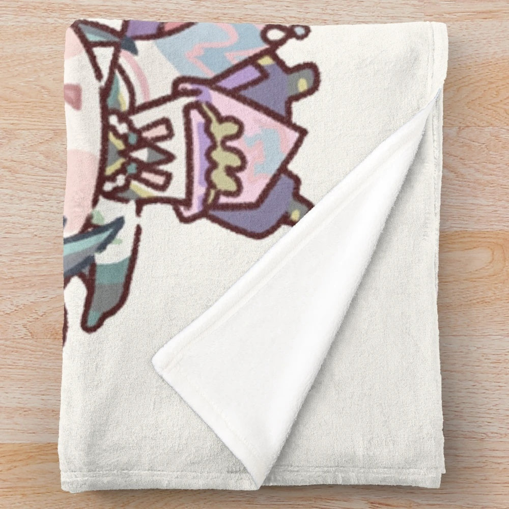 Genshin Impact inspired chibi plush blanket featuring Xiao, Zhongli, and Ganyu
