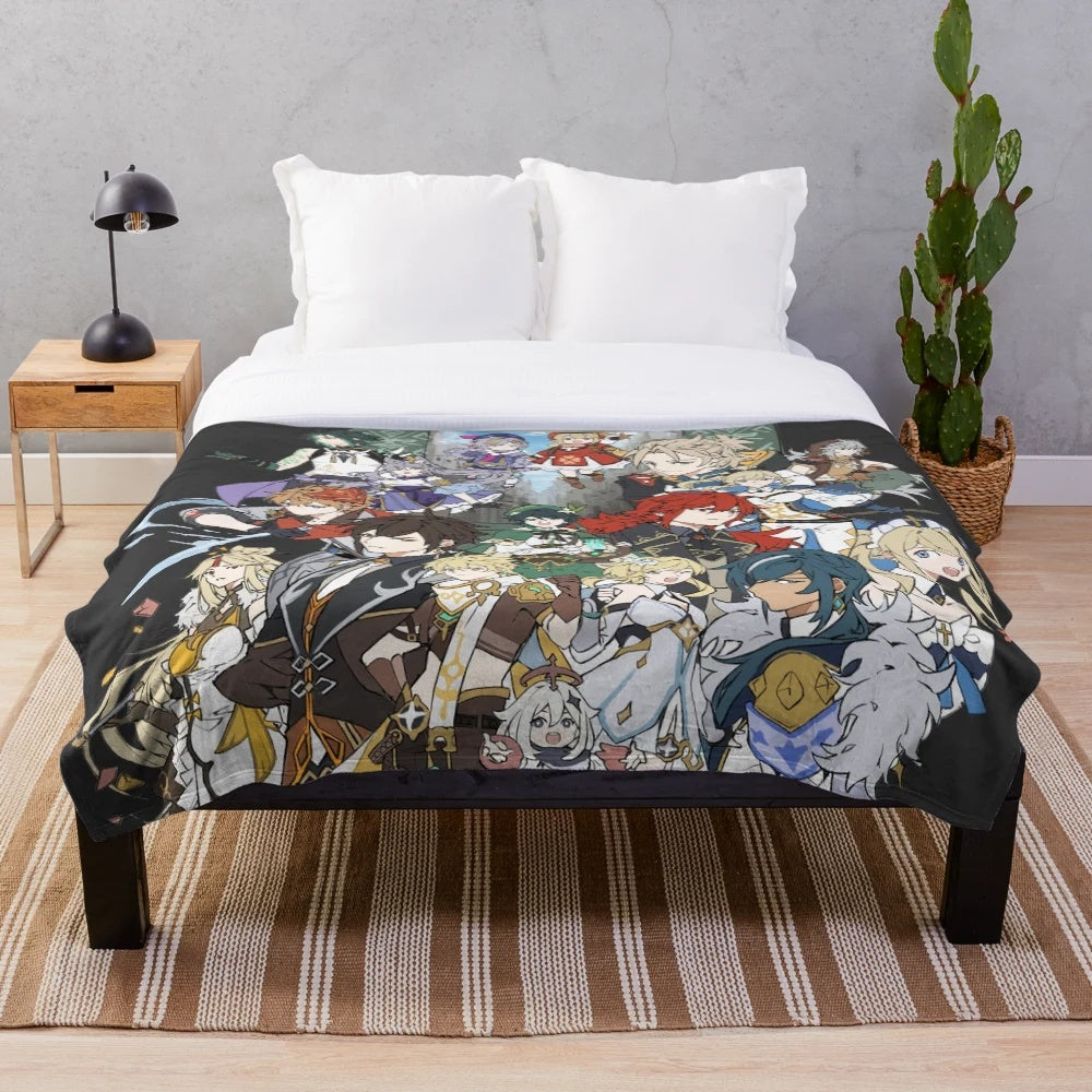 Genshin Impact inspired plush blanket with game characters