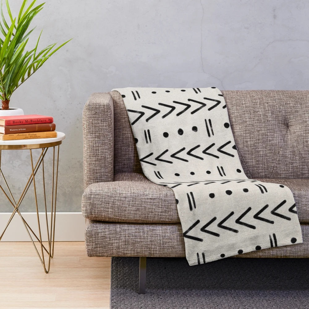 Mudcloth inspired black and white geometric plush blanket