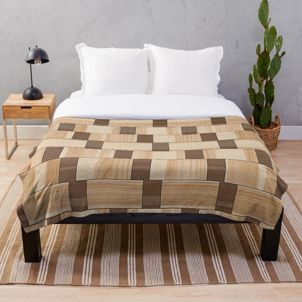 Geometric pattern plush blanket with wood accents
