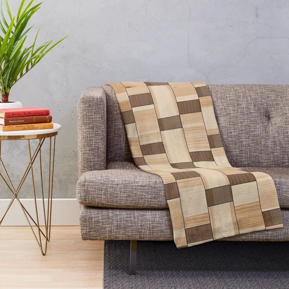 Geometric pattern plush blanket with wood accents