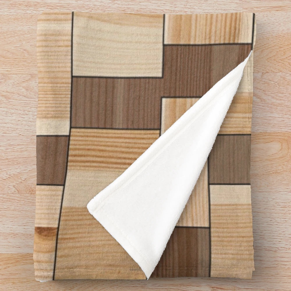 Geometric pattern plush blanket with wood accents