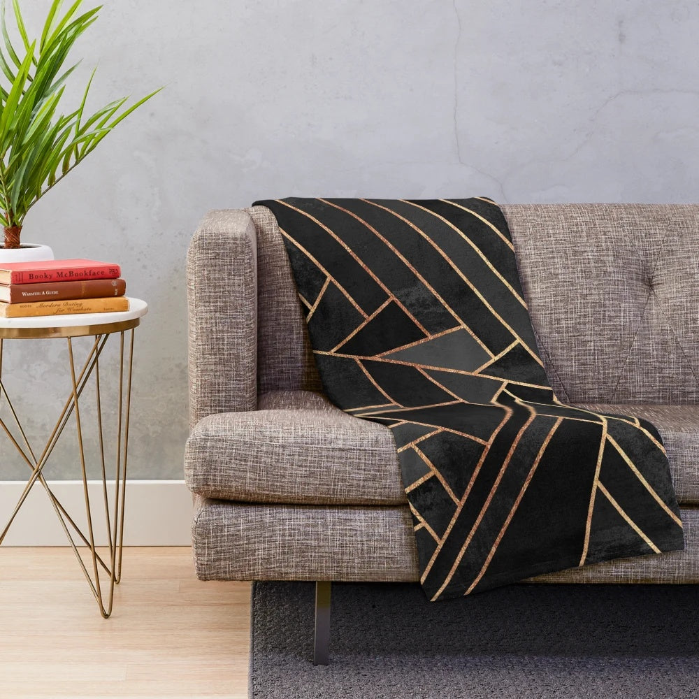 Black and copper geometric pattern plush blanket