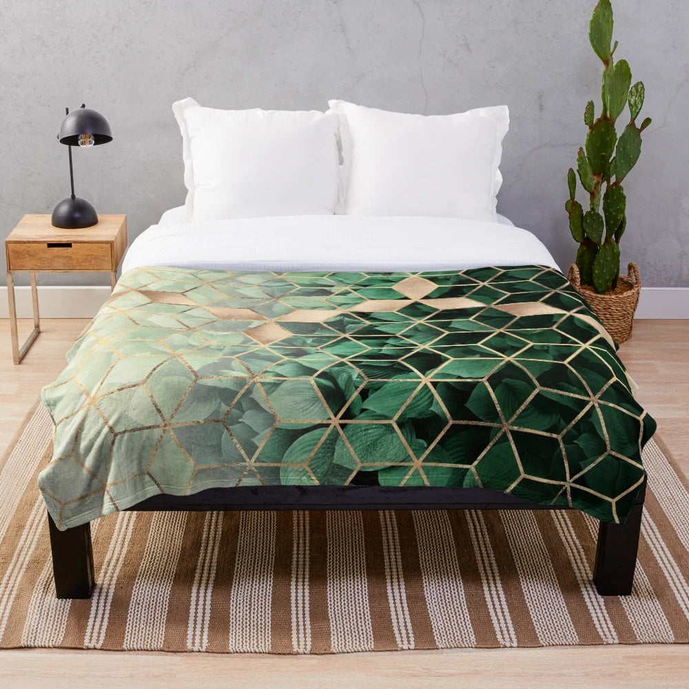 Cozy plush blanket with abstract geometric leaf pattern