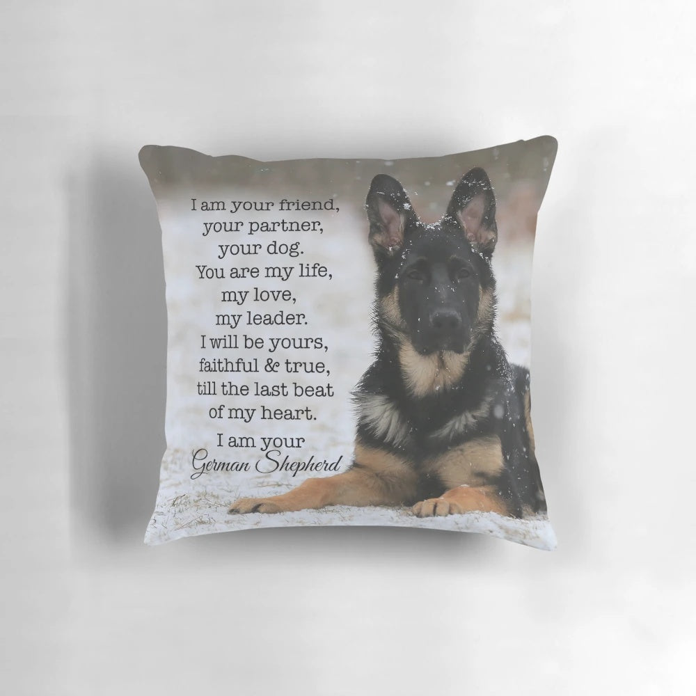A soft and plush pillow featuring a charming German shepherd dog design.