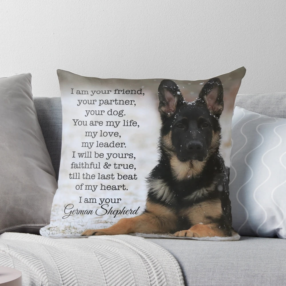 A soft and plush pillow featuring a charming German shepherd dog design.