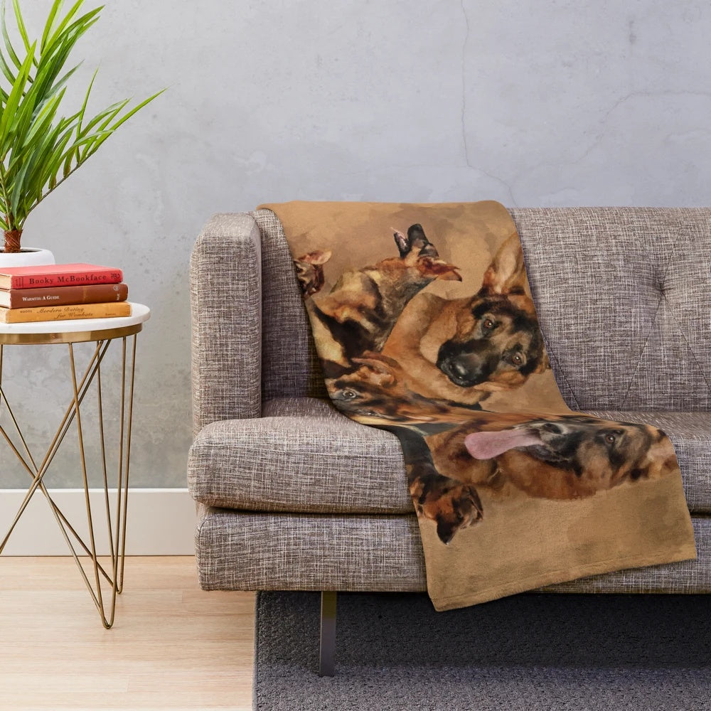 German Shepherd Dog Plush Blanket with Cute Puppy, Young and Adult GSD Designs