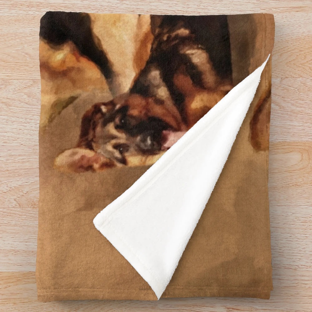 German Shepherd Dog Plush Blanket with Cute Puppy, Young and Adult GSD Designs
