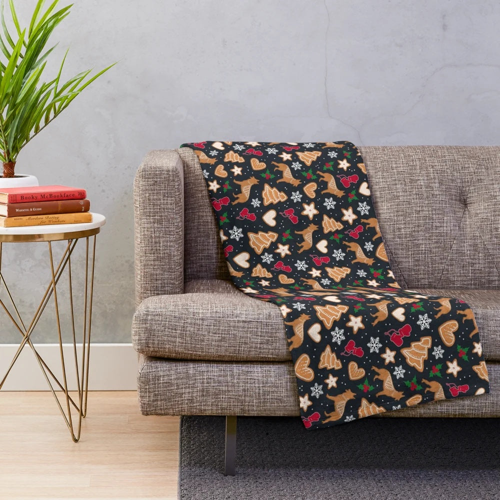 German shepherd dog breed plush blanket with gingerbread and Christmas patterns