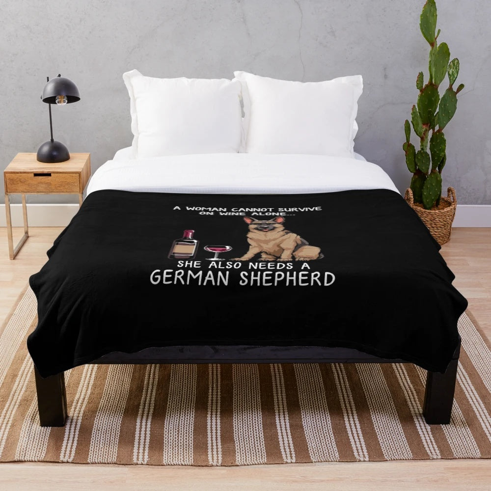 Soft and Plush German Shepherd Blanket with Funny Dog and Wine Graphic