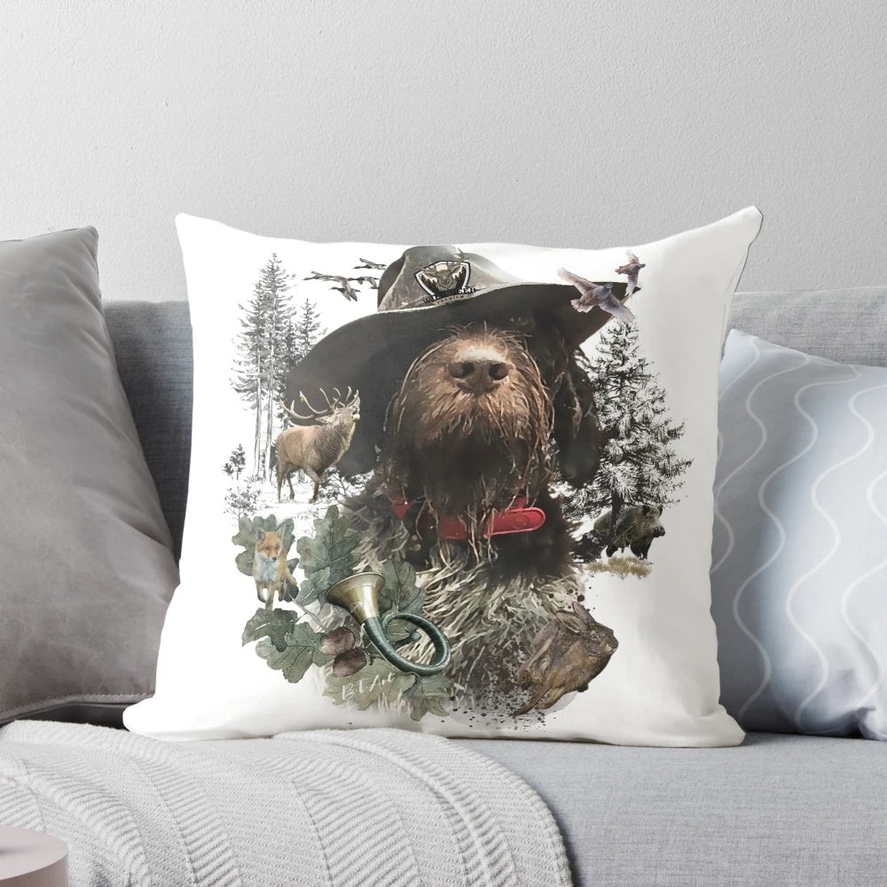 Decorative throw pillow featuring a German Wirehaired Pointer, a versatile hunting dog breed