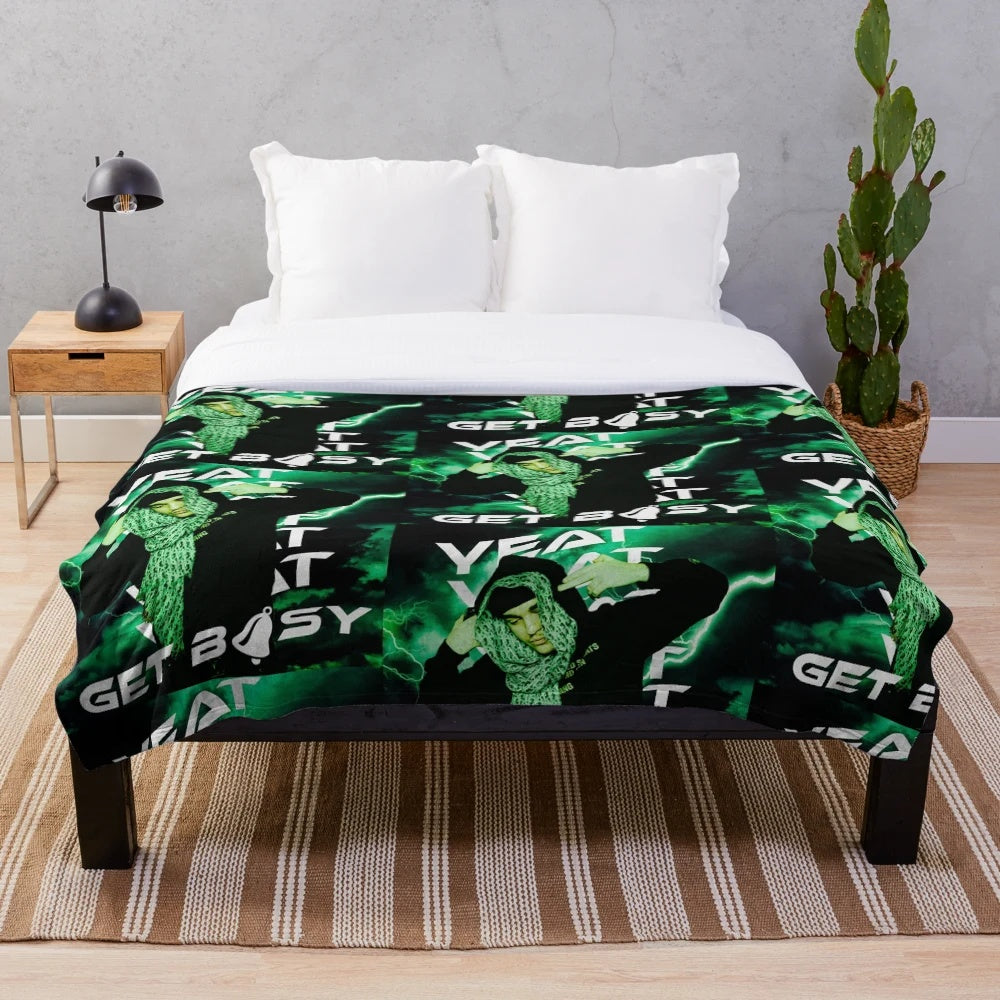 Yeat inspired plush blanket with "Get Busy" design
