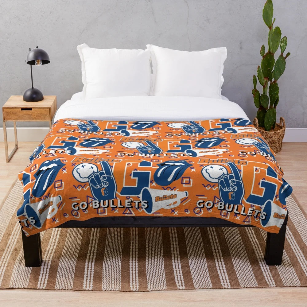 Gettysburg College plush blanket with blue and orange pattern