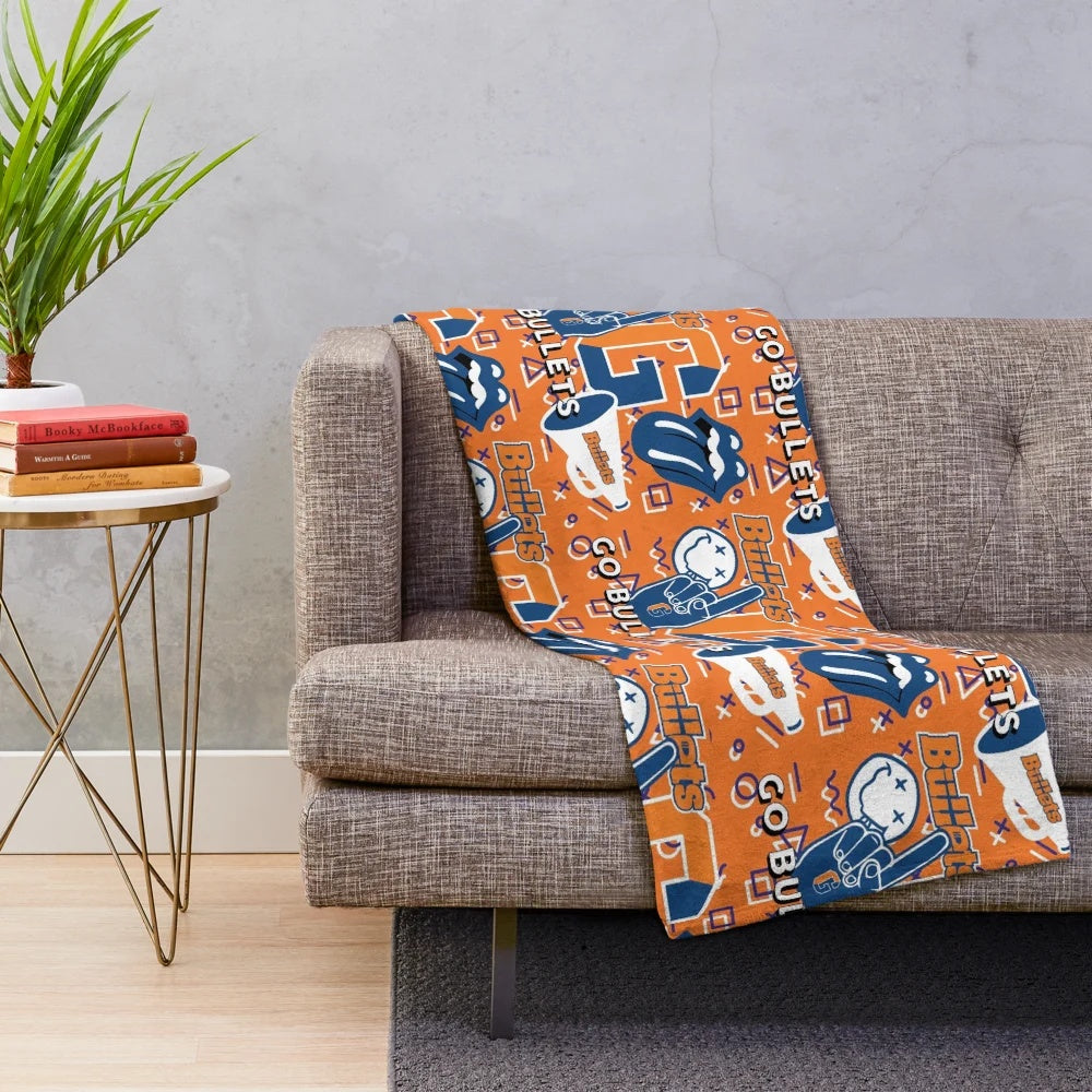 Gettysburg College plush blanket with blue and orange pattern