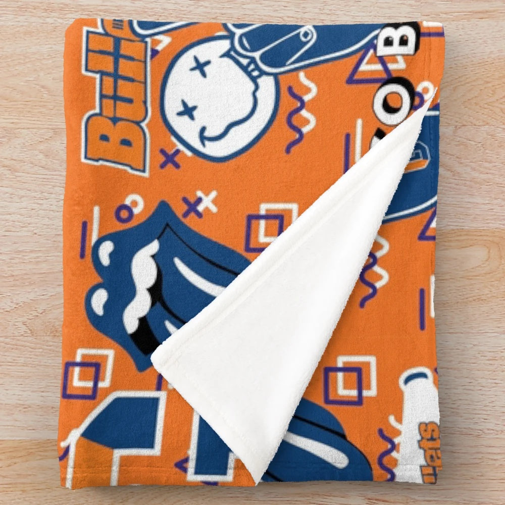 Gettysburg College plush blanket with blue and orange pattern