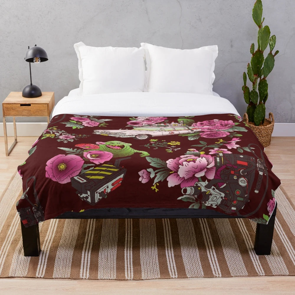 Colorful floral plush blanket with ghostly pattern