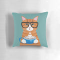 A charming ginger cat wearing glasses and sipping on a cappuccino, depicted on a decorative throw pillow.