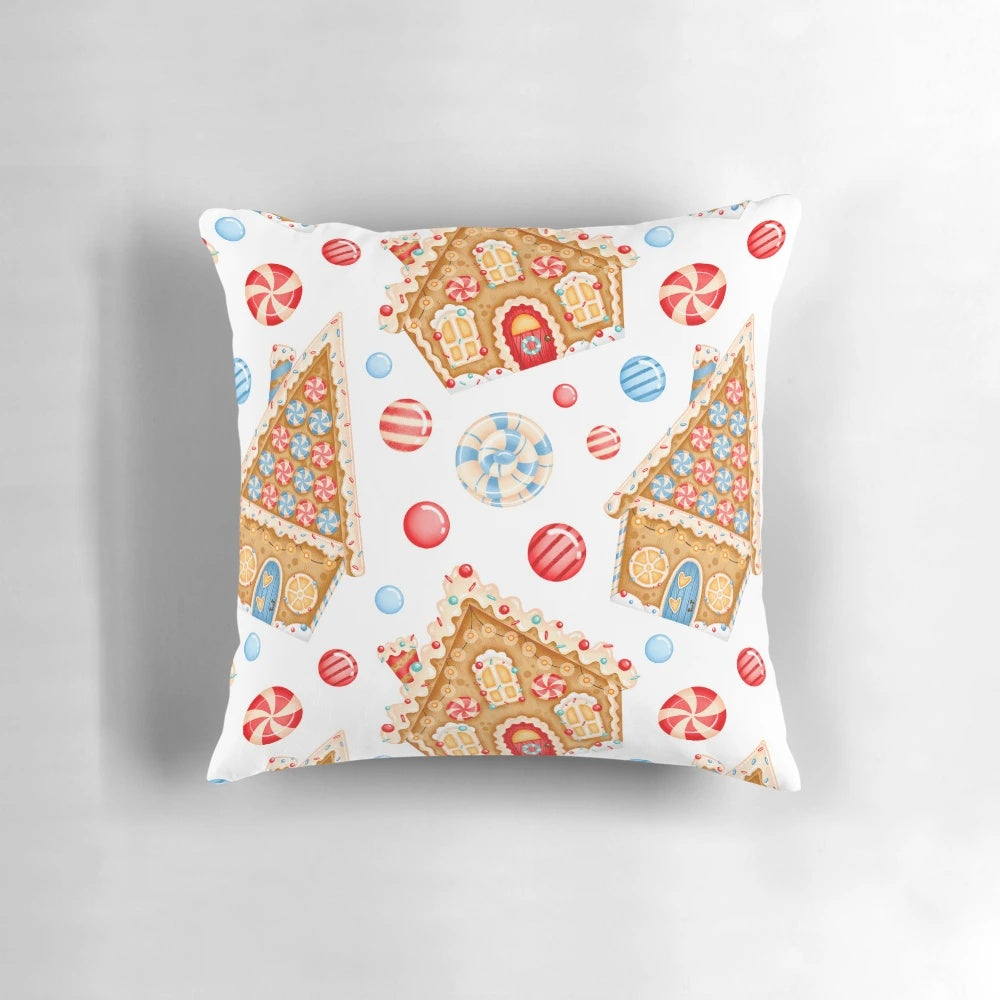 Gingerbread Christmas pattern printed on a soft, plush pillow with a snowy landscape design.