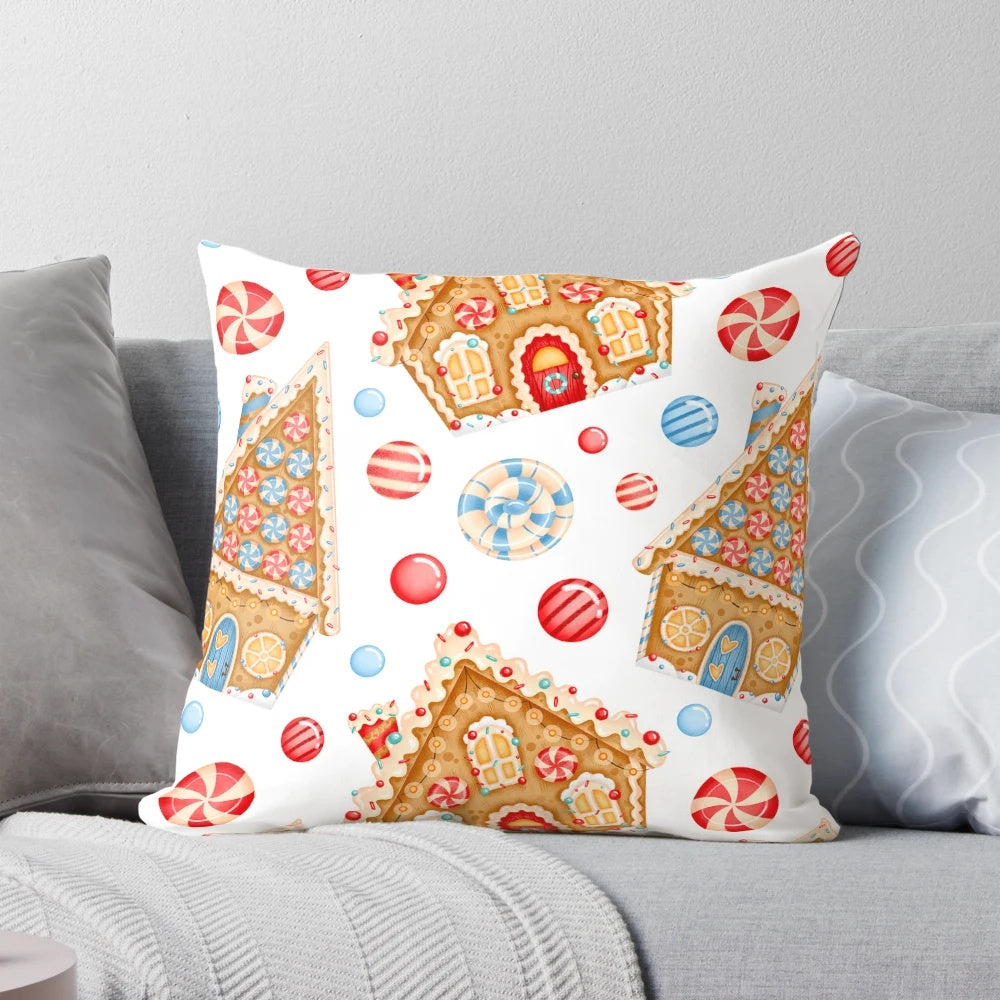 Gingerbread Christmas pattern printed on a soft, plush pillow with a snowy landscape design.