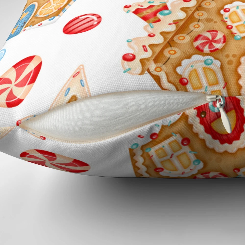 Gingerbread Christmas pattern printed on a soft, plush pillow with a snowy landscape design.