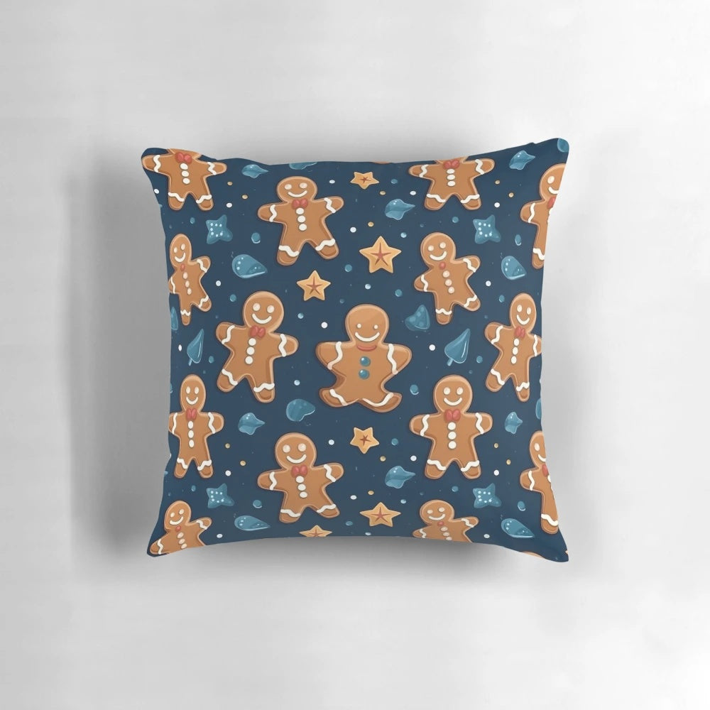 Gingerbread Christmas seamless pattern pillow with cute gingerbread men, cookies, and holiday design.