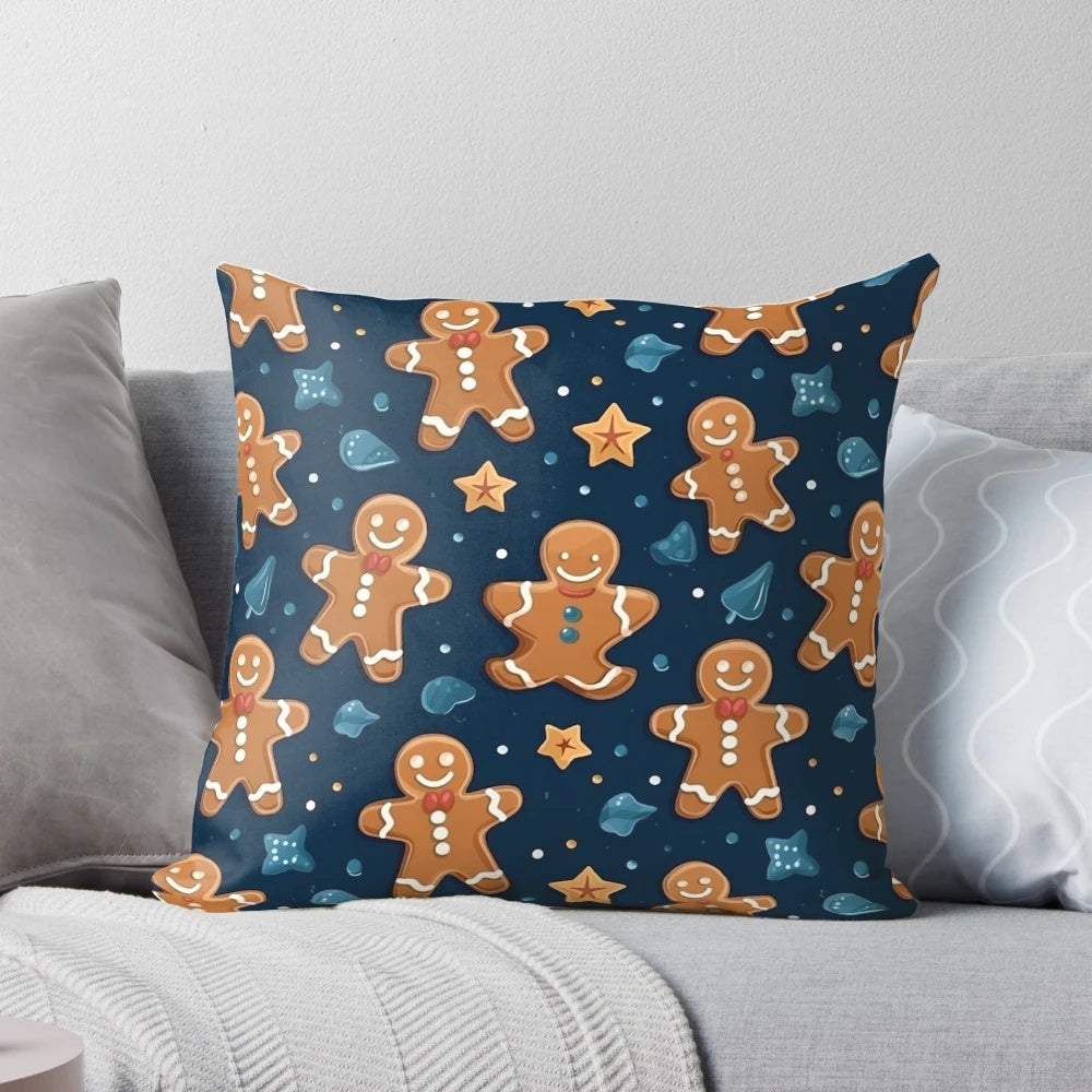 Gingerbread Christmas seamless pattern pillow with cute gingerbread men, cookies, and holiday design.