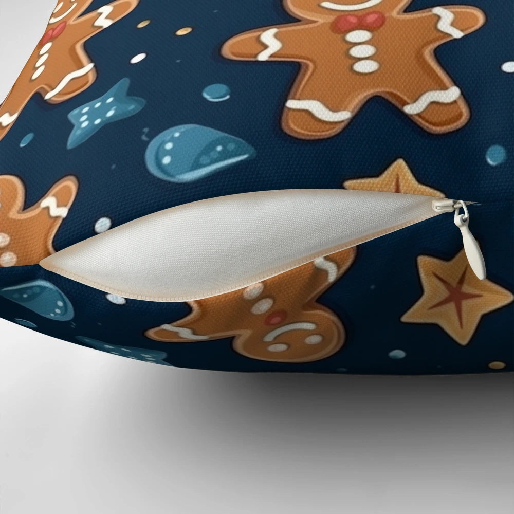 Gingerbread Christmas seamless pattern pillow with cute gingerbread men, cookies, and holiday design.