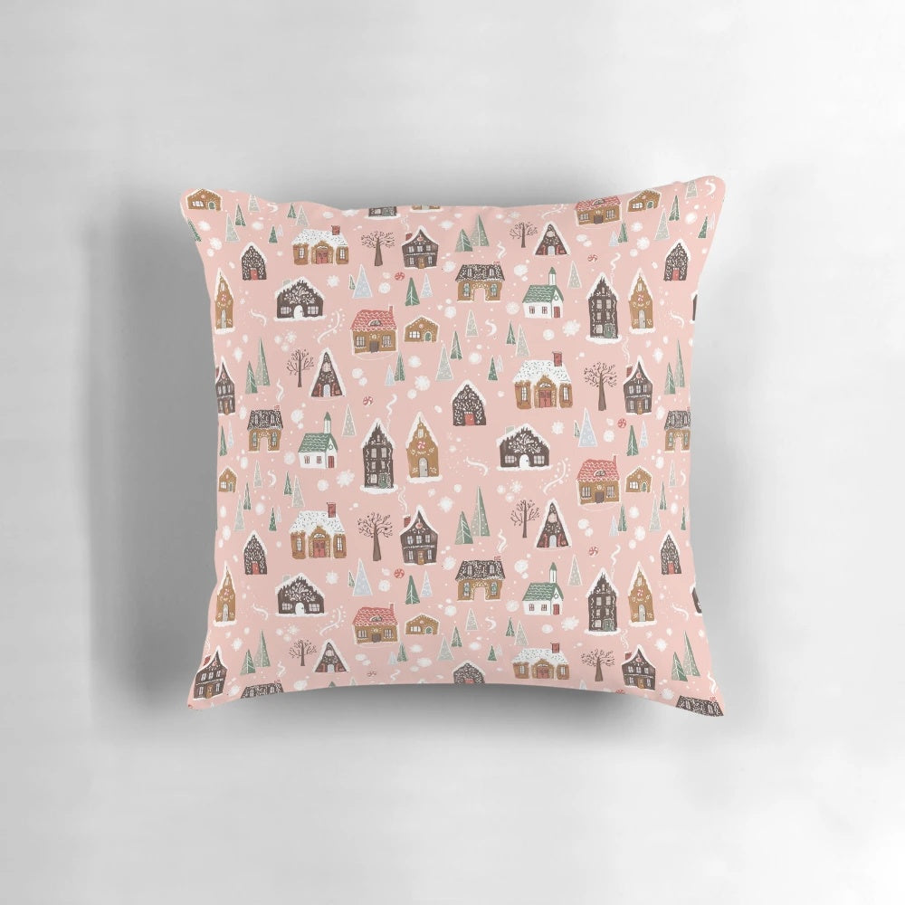 Handmade gingerbread village pillow with whimsical details perfect for holiday home decor.