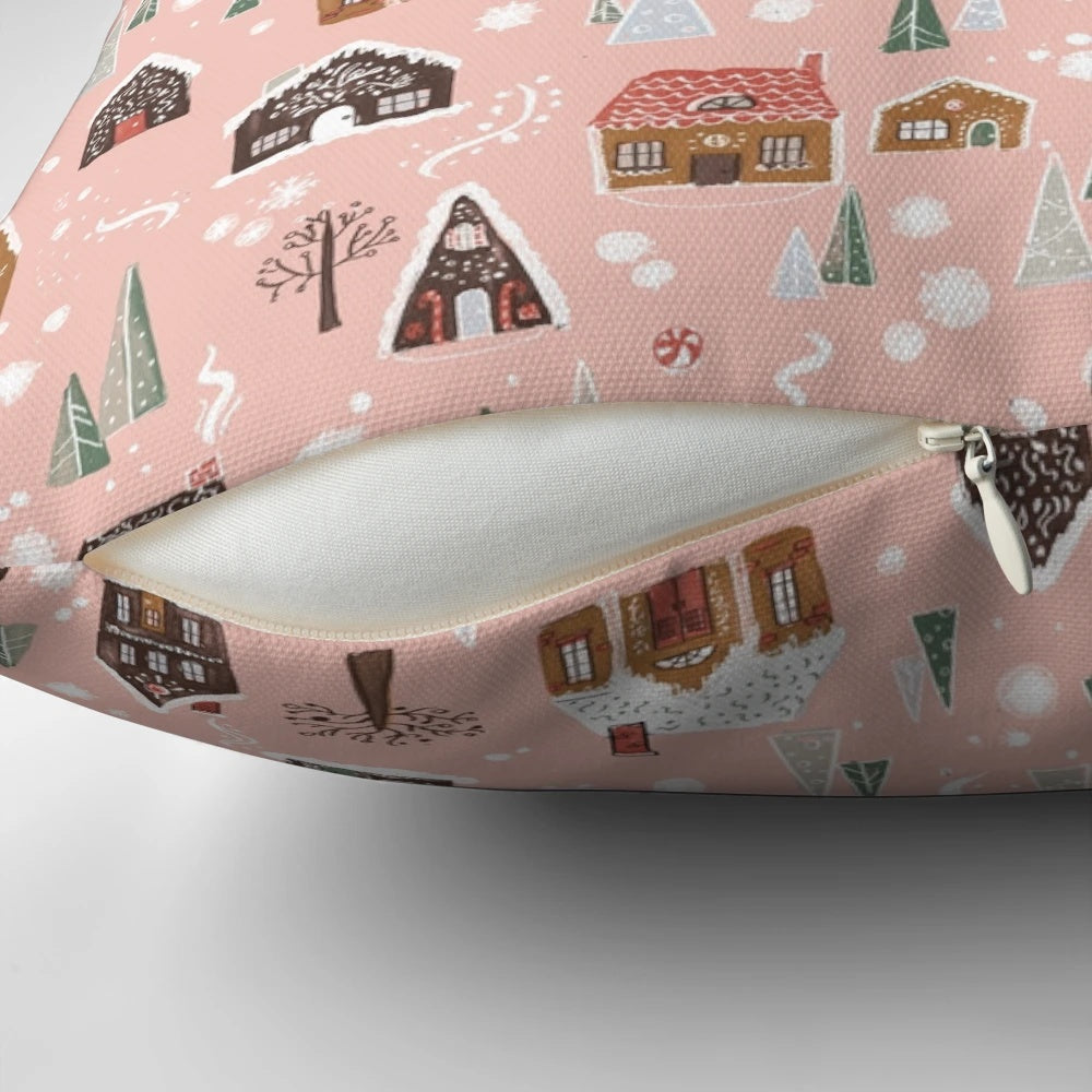 Handmade gingerbread village pillow with whimsical details perfect for holiday home decor.