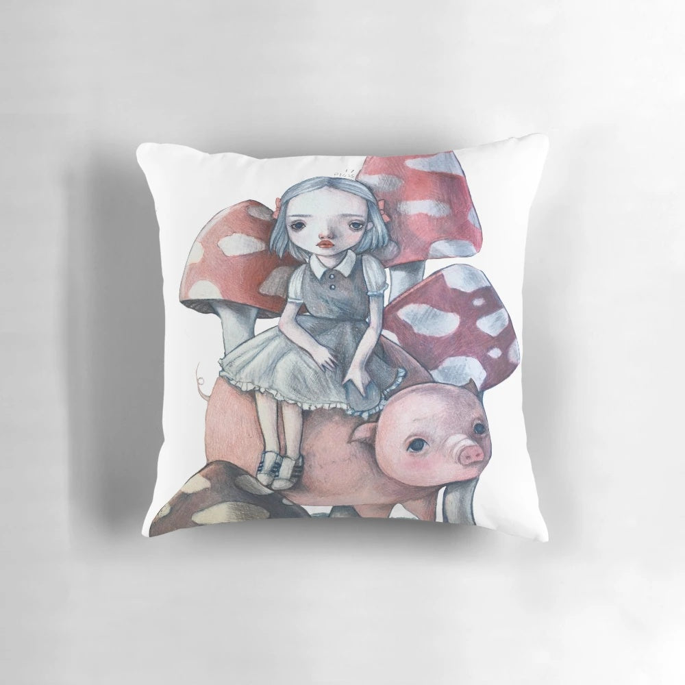 A soft and plush pillow featuring a girl and her pig, perfect for farmhouse-style home decor.