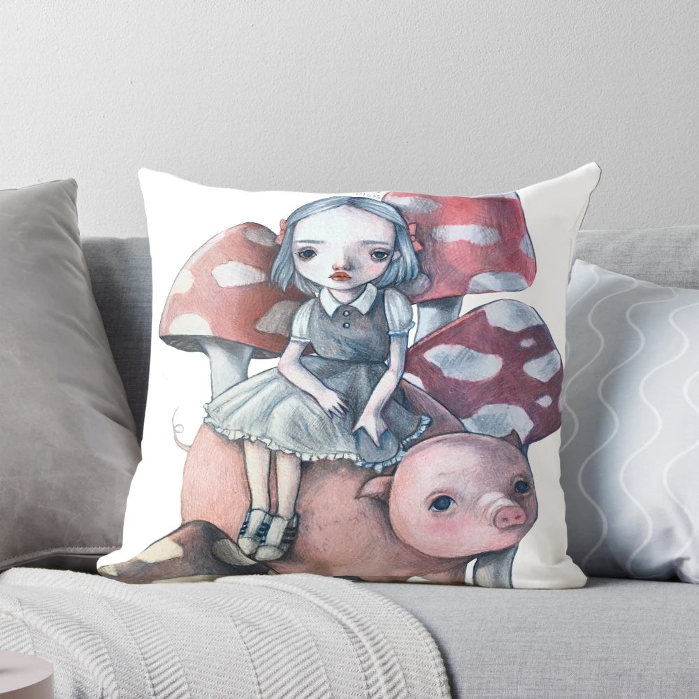 A soft and plush pillow featuring a girl and her pig, perfect for farmhouse-style home decor.