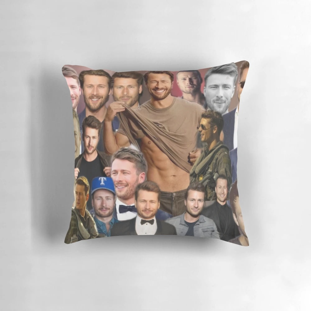 A comfortable pillow featuring a collage of actor Glen Powell, known for his roles in popular 80s films.
